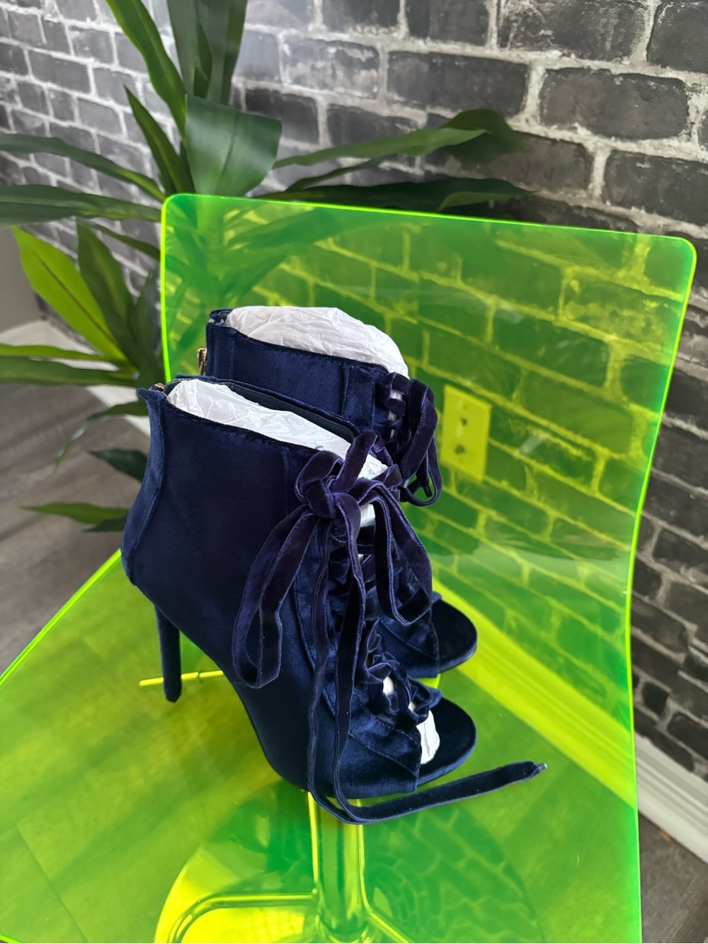 Velvet Lace-Up High Heel Sandals - Navy